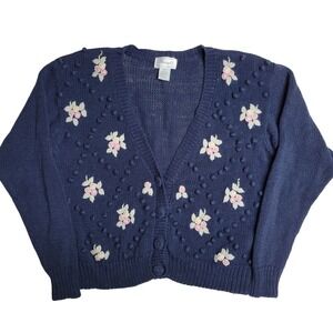 Margules Women's Floral Knit Cardigan‎ Sweater Large Ramie/Cotton Blue